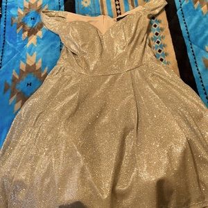 B.Darlin gold off the shoulder dress